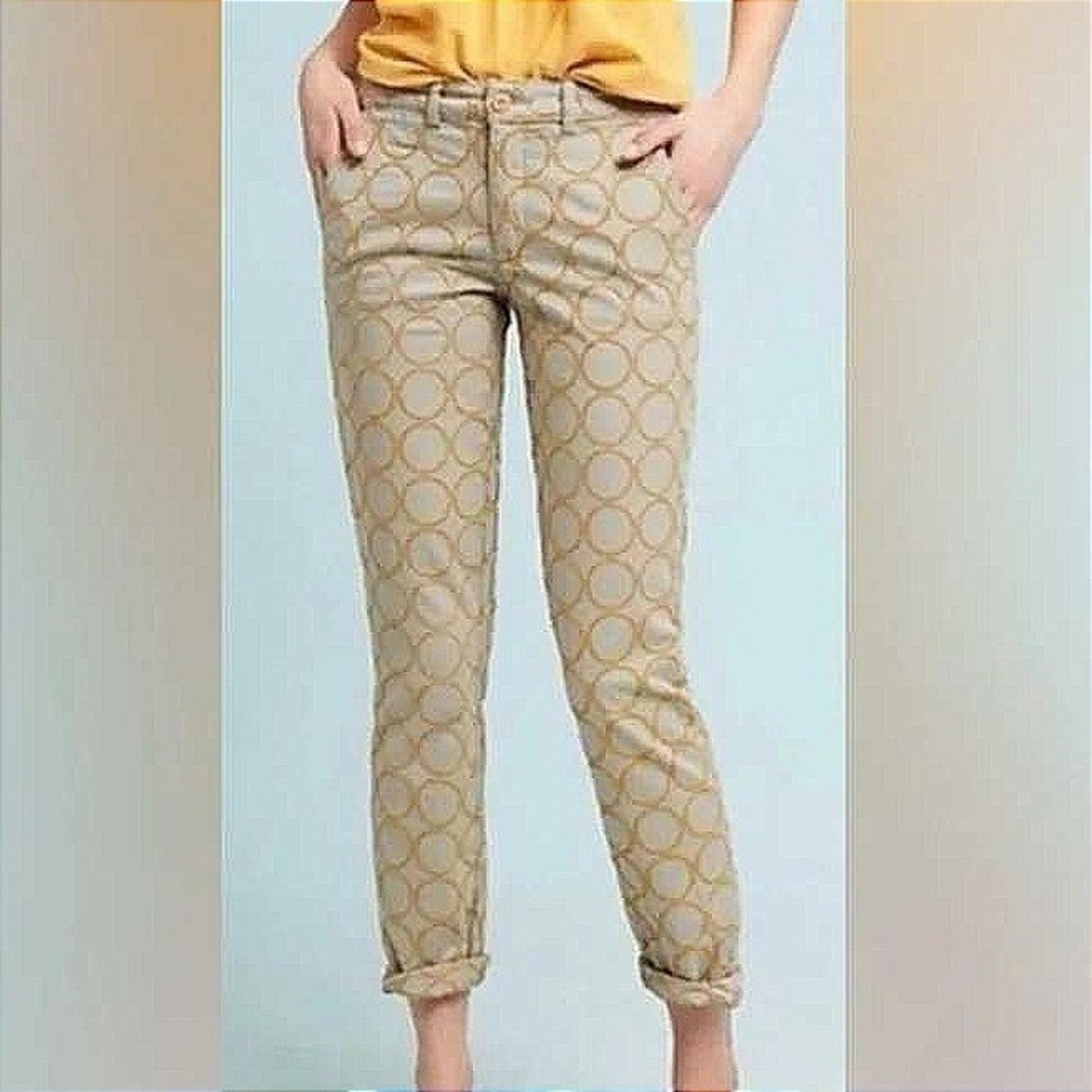 Anthropologie Chino Relaxed Embroidered Circle Pants Tan Yellow Size 25